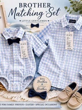 NWT Children’s Place Matching Brother Set Gingham Baby Romper & Boys Button Down